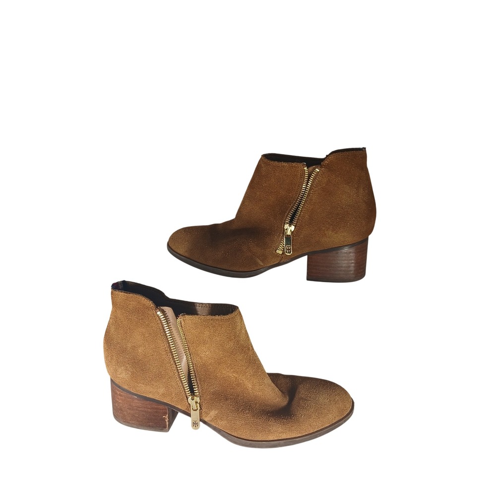 Tommy Hilfiger Suede Ankle Boots 7M Cognac Brown Gold Zip Block Heel Preppy Boho